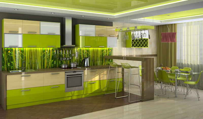 10 Amazing Colorful Kitchens To Inspire You - Beautiful Green Kitchen Design With Wooden Countertop And Backsplash