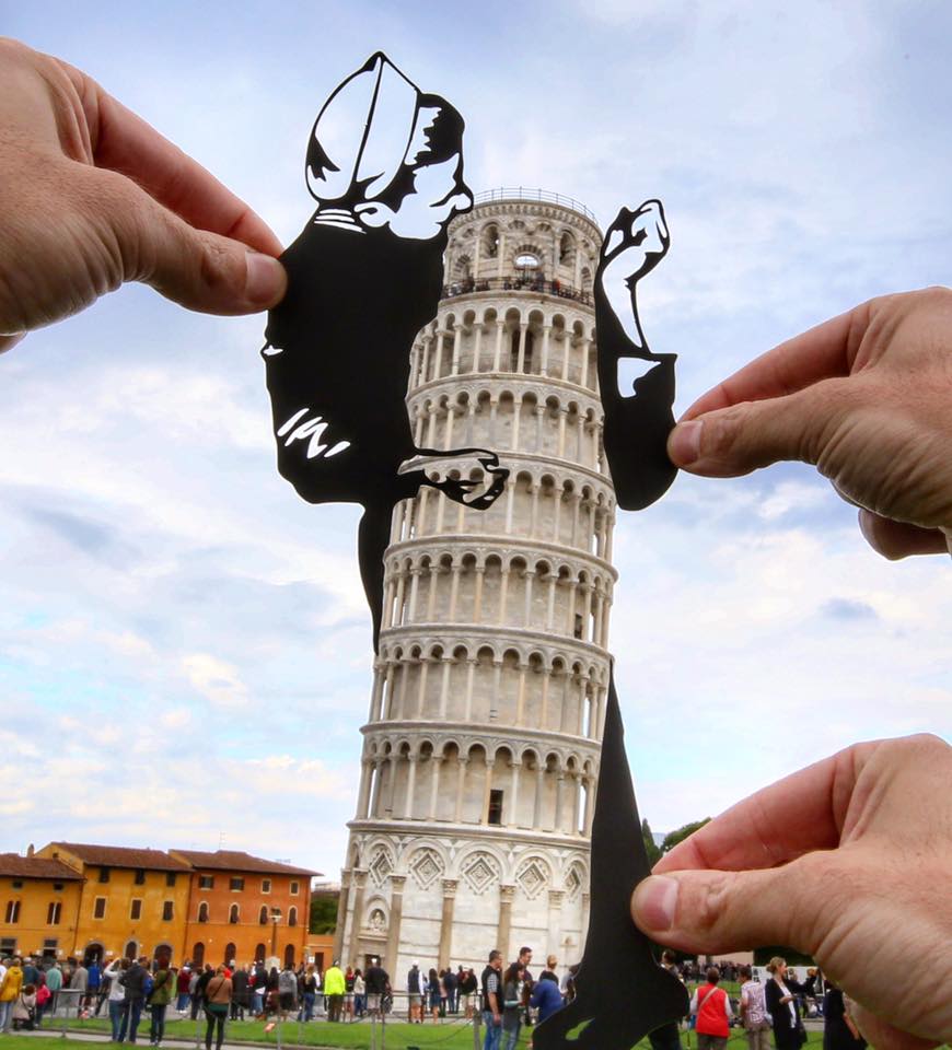 This Paper Art will Change How You See These Architecture Marvels - Kissing Soldier at Leaning Tower of Pisa