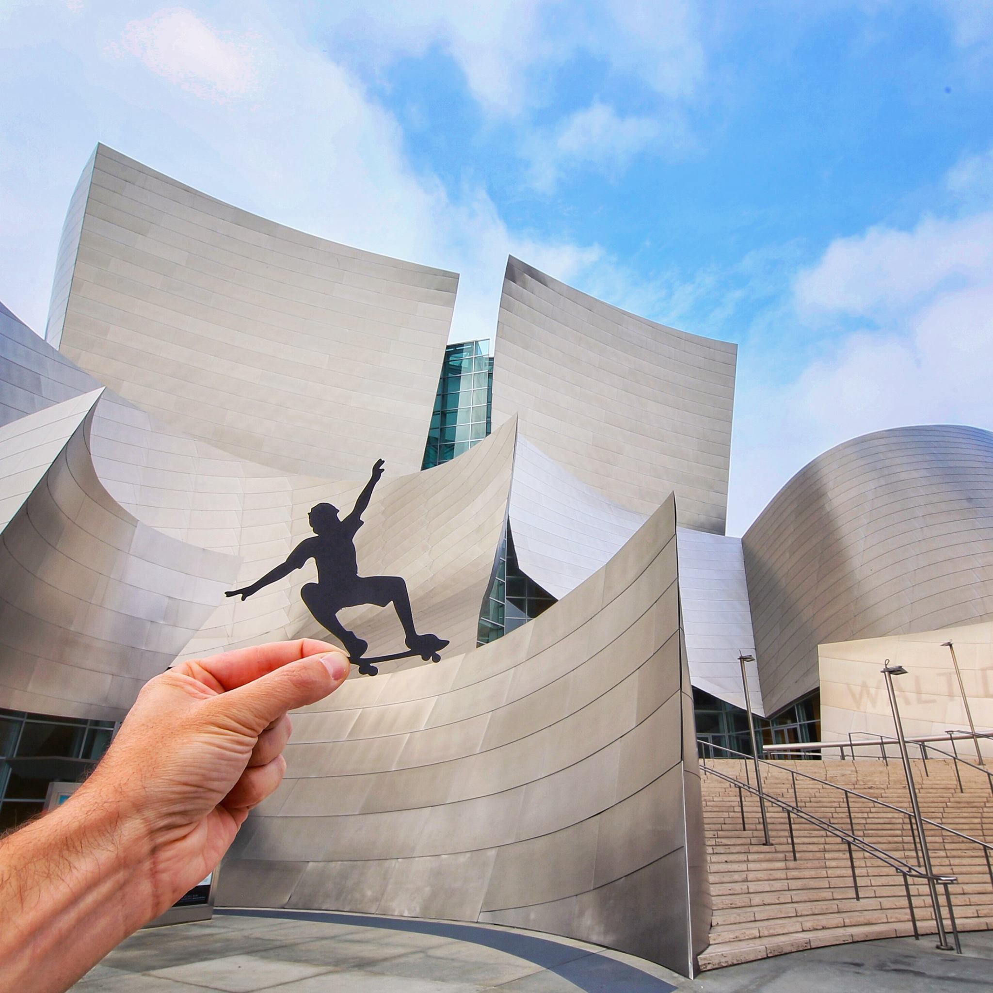 This Paper Art will Change How You See These Architecture Marvels - Guy with Skateboard at Walt Disney Concert hall
