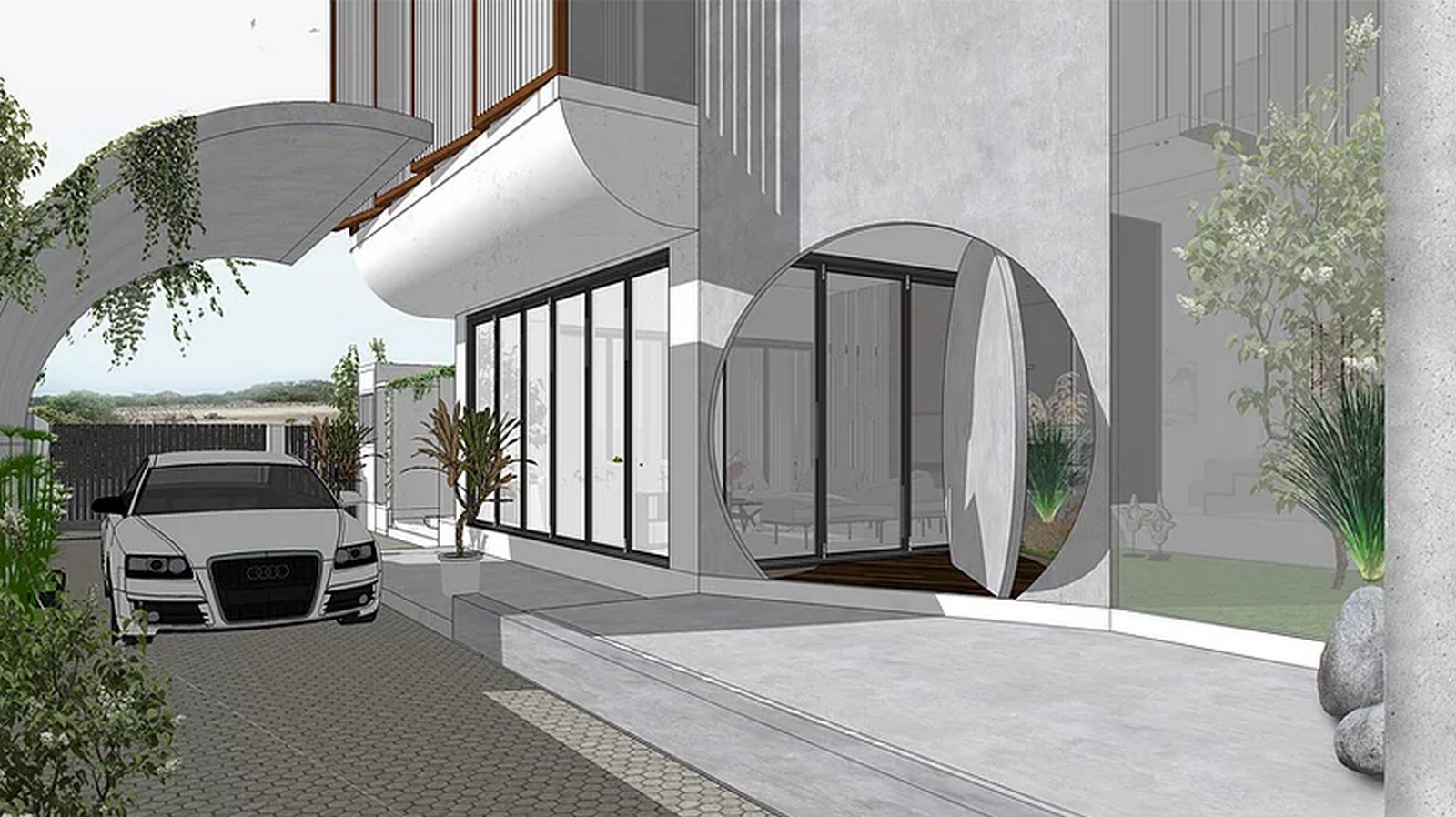 entrance to the building using a pivot door and an arched car shed_andstudio.in