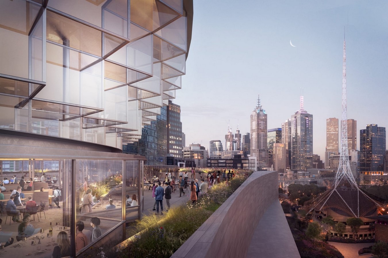 Aerial render of concept design for NGV Contemporary, rooftop terrace and restaurant at dusk_© Darcstudio
