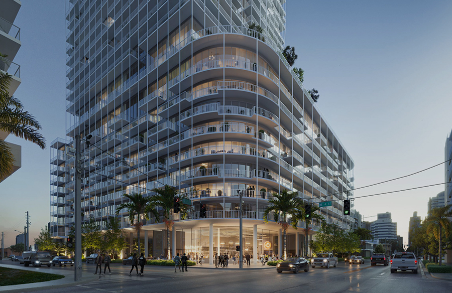 Tapered skyscrapers wrapped in steel grid in Fort Lauderdale designed by ODA