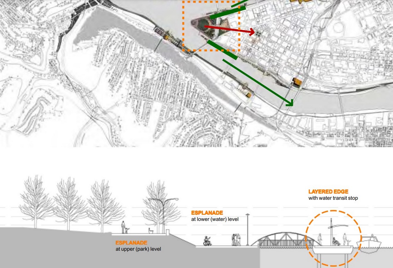 a proposed section at the Point showing a range of pedestrian access levels at the river’s edge_©Riverlife