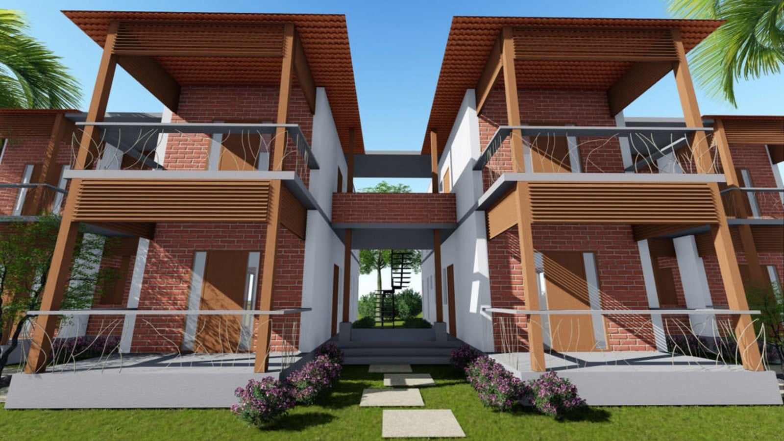 View of houses with connecting bridge _Auroma Architecture