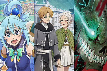 The Latest Trending Anime This Spring Season 2024 Aqua from KonoSuba, Rudeus and Sylphiette from Mushoku Tensei, and Kafka Hibino from Kaiju No. 8 side by side.