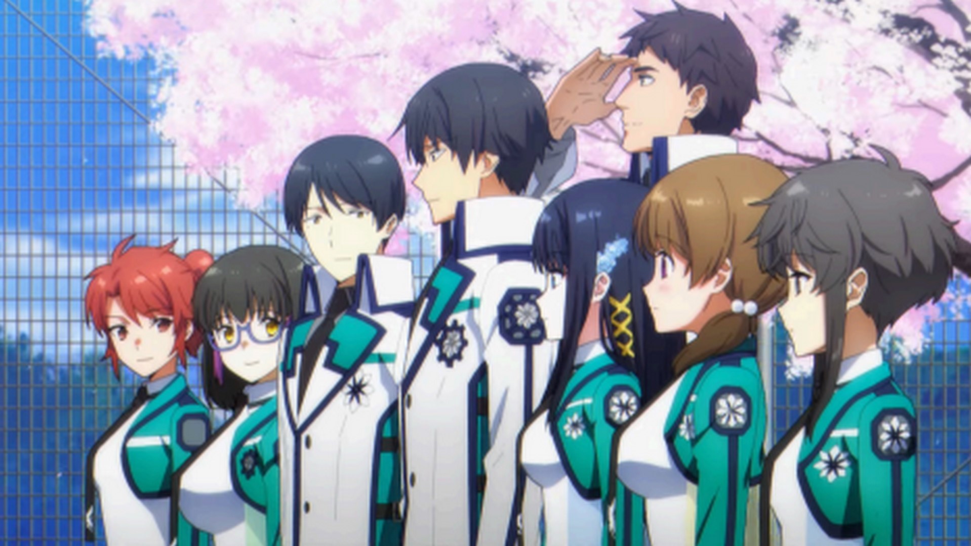 The main characters of The Irregular at Magic High School are standing in a line wearing school uniforms. A cherry blossom tree is in the background.