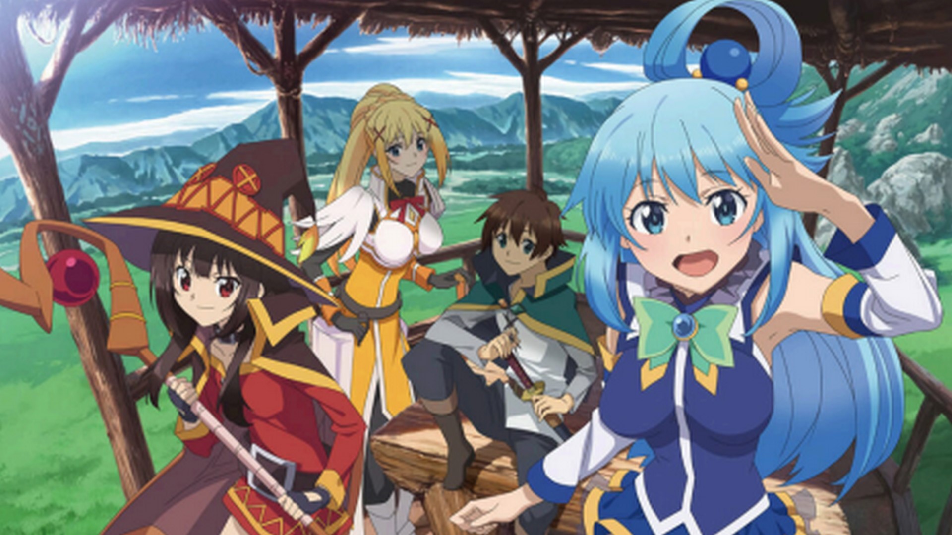 The main characters of KonoSuba are inside a hut with a grassy field and mountainous background.
