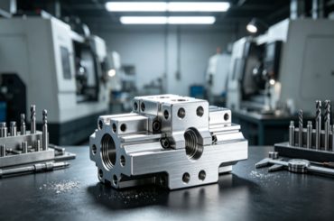 A polished CNC machined metal block with intricate holes and threads rests on a factory table surrounded by drill bits and machinery.